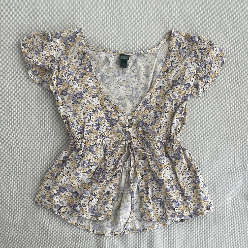 Floral Blouse - Flutter-sleeve, Tie Front